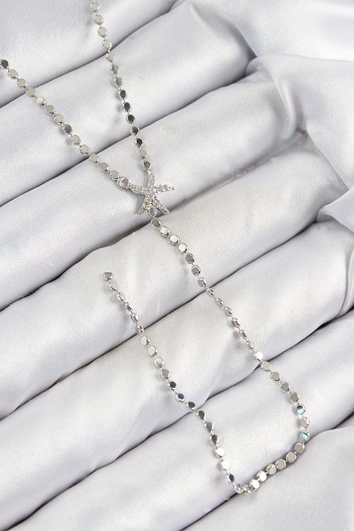 YRTCL Pirinç Zirkon Taşlı Ezme Zincirli Deniz Yıldızı Model Gümüş Renk Y Kolye