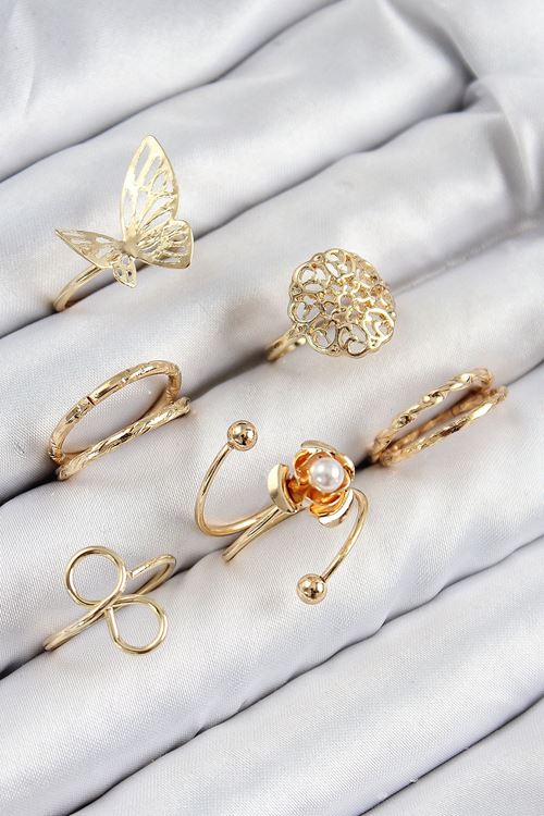 YRTCL Pirinç Gül Kelebek Model Gümüş Renk Kadın Yüzük Kombin Set