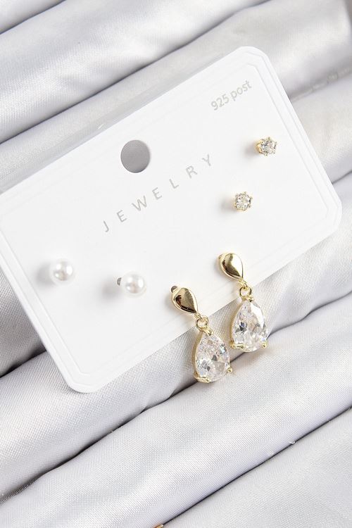 YRTCL Pirinç Zirkon Taşlı Sallantılı Damla Model Gold Renk 925 Ayar Gümüş Çivi Kadın Küpe Set