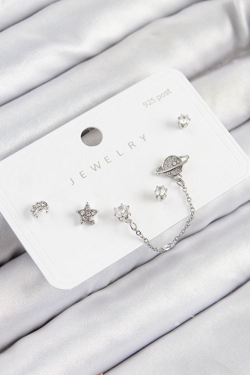 YRTCL Pirinç Zirkon Taşlı Yıldız Ve Gezegen Model Gümüş Renk 925 Ayar Gümüş Çivi Kadın Küpe Set