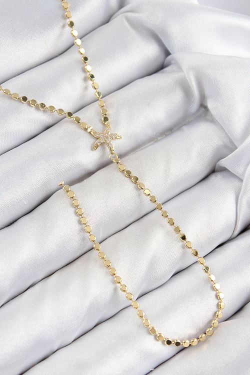 YRTCL Pirinç Zirkon Taşlı Ezme Zincirli Deniz Yıldızı Model Gold Renk Y Kolye