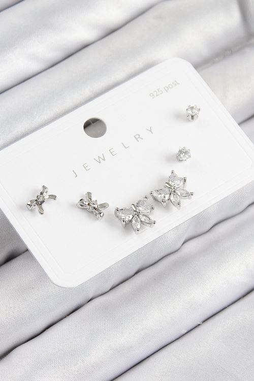 YRTCL Pirinç Zirkon Taşlı Fiyonk Model Gümüş Renk 925 Ayar Gümüş Çivi Kadın Küpe Set