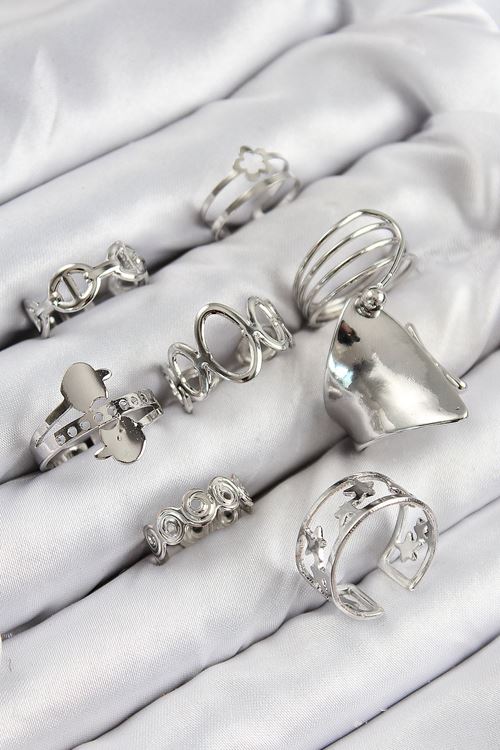 YRTCL Pirinç Sarmal Ve Yıldız Model Gümüş Renk Kadın Yüzük Kombin Set