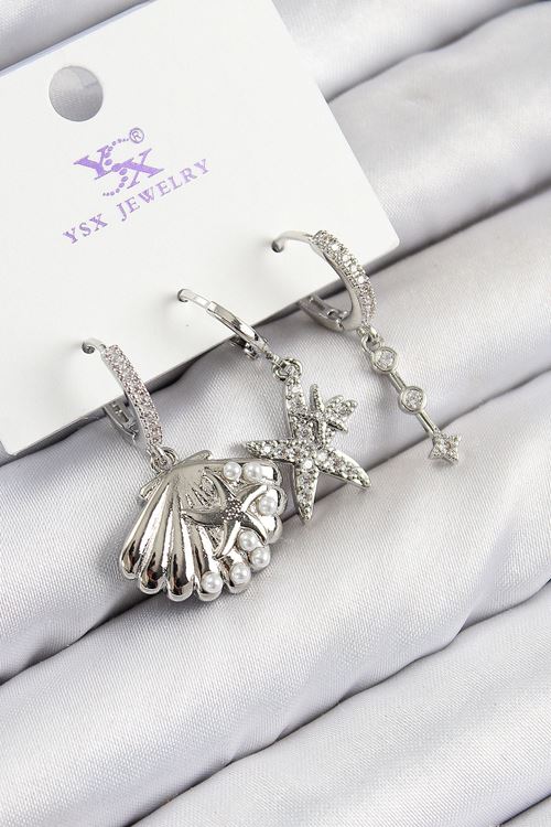 YRTCL Pirinç Zirkon Taşlı 3'lü Yıldız Ve İstiridye Model Gümüş Renk Kadın Küpe