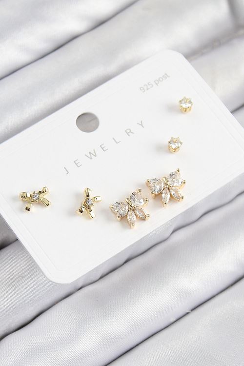 YRTCL Pirinç Zirkon Taşlı Fiyonk Model Gold Renk 925 Ayar Gümüş Çivi Kadın Küpe Set