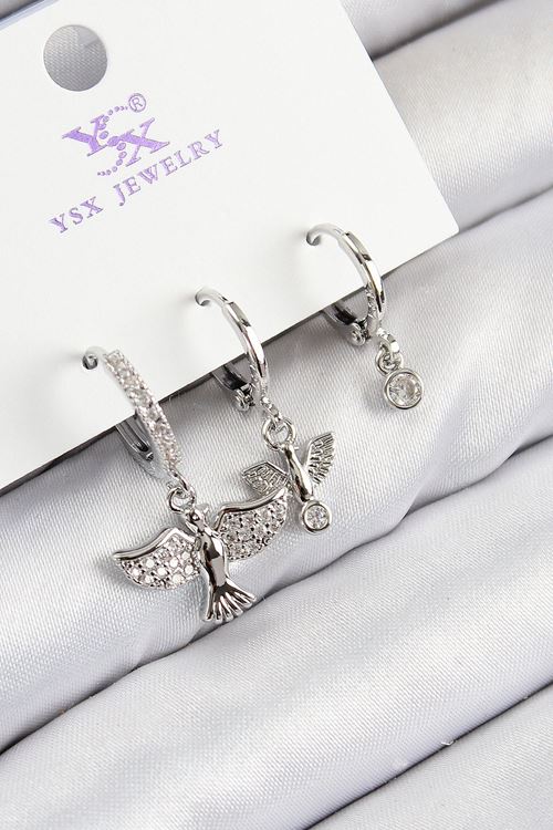 YRTCL Pirinç Zirkon Taşlı 3'lü Kuş Model Gümüş Renk Kadın Küpe