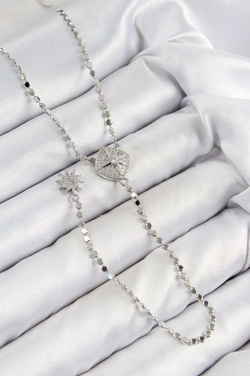 YRTCL Pirinç Zirkon Taşlı Ezme Zincirli Madalyon Model Gümüş Renk Y Kolye