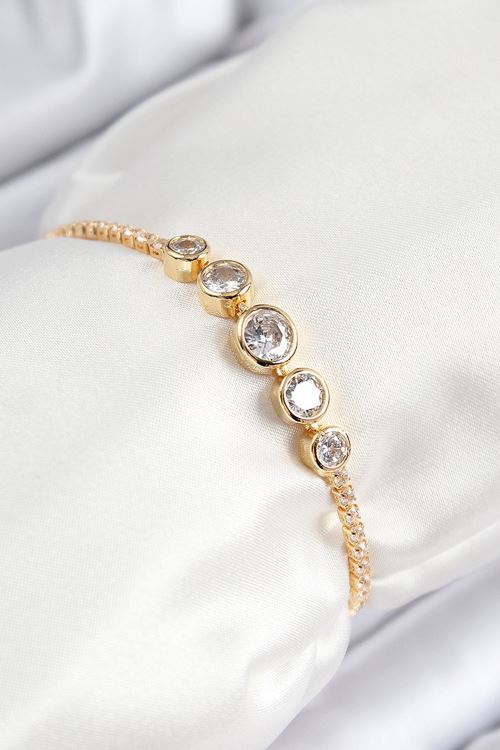 YRTCL Pirinç Zirkon Taşlı Sıralı Daire Model Gold Renk Asansörlü Kadın Bileklik