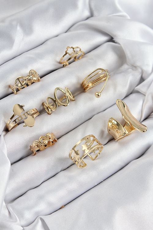 YRTCL Pirinç Sarmal Ve Yıldız Model Gold Renk Kadın Yüzük Kombin Set