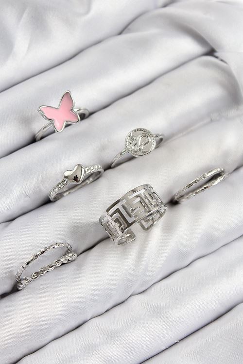 YRTCL Pirinç Kelebek Ve Kalp Model Gümüş Renk Kadın Yüzük Kombin Set