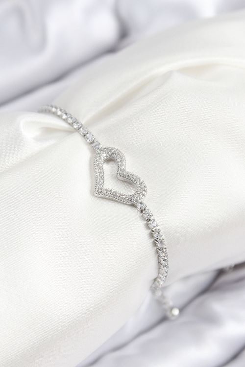 YRTCL Pirinç Zirkon Taşlı Kalp Model Gümüş Renk Asansörlü Kadın Bileklik