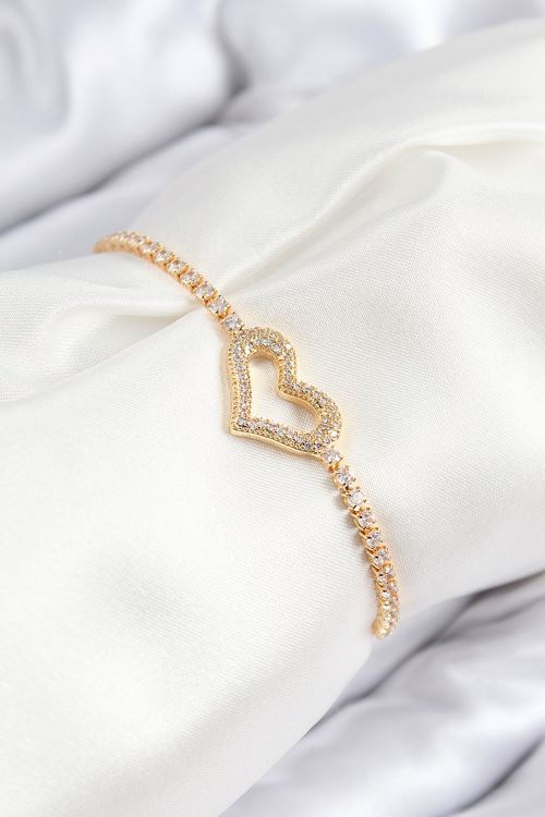 YRTCL Pirinç Zirkon Taşlı Kalp Model Gold Renk Asansörlü Kadın Bileklik