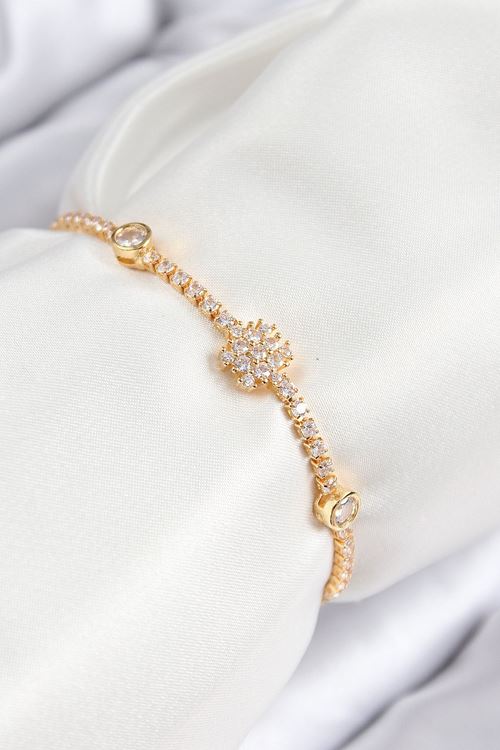 YRTCL Pirinç Zirkon Taşlı Kar Tanesi Model Gold Renk Asansörlü Kadın Bileklik