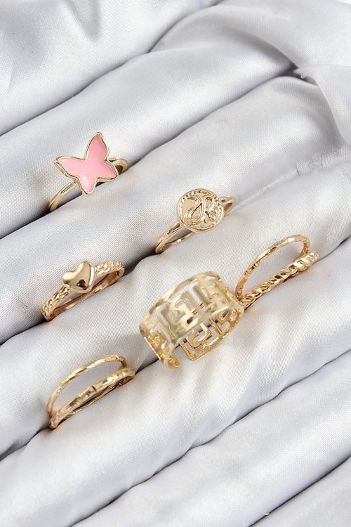 YRTCL Pirinç Kelebek Ve Kalp Model Gold Renk Kadın Yüzük Kombin Set