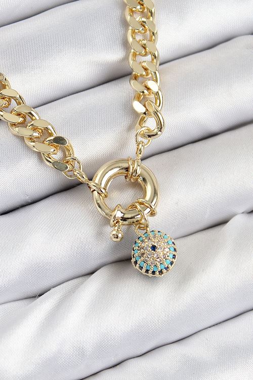 YRTCL Pirinç Zirkon Taşlı Nazar Boncuk Detaylı Klasik Zincir Model Gold Renk Kadın Kolye