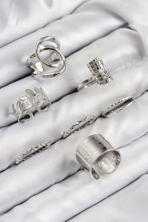 YRTCL Pirinç Yaprak Model Gümüş Renk Kadın Yüzük Kombin Set