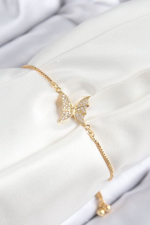 YRTCL Pirinç Zirkon Taşlı Kelebek Model Gold Renk Asansörlü Kadın Bileklik