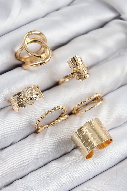 YRTCL Pirinç Yaprak Model Gold Renk Kadın Yüzük Kombin Set