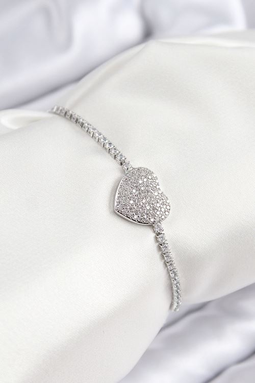 YRTCL Pirinç Zirkon Taşlı Kalp Model Gümüş Renk Asansörlü Kadın Bileklik