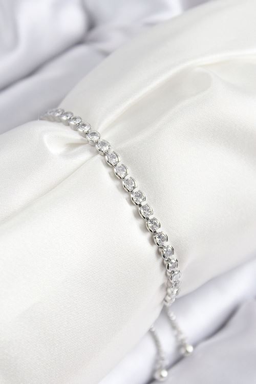 YRTCL Pirinç Zirkon Taşlı Sıralı Model Gümüş Renk Asansörlü Kadın Bileklik