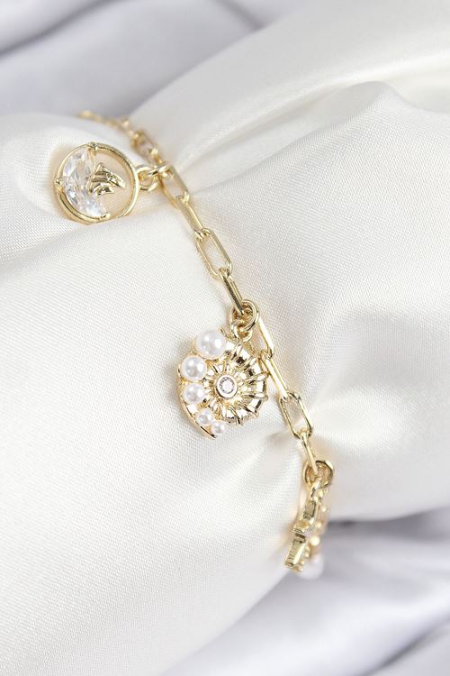 YRTCL Pirinç Zirkon Taşlı Deniz Kabuğu Model Gold Renk Kadın Bileklik