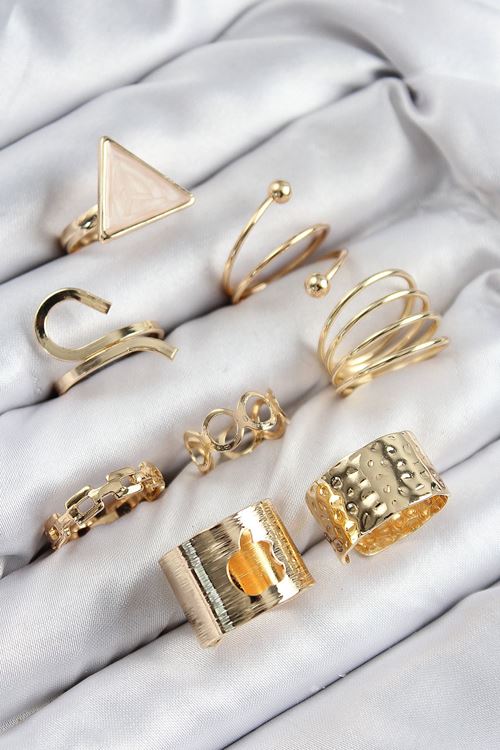 YRTCL Pirinç Üçgen Model Gold Renk Kadın Yüzük Kombin Set