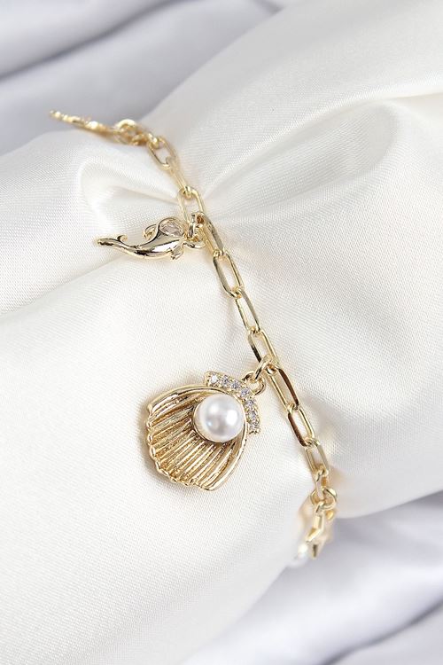 YRTCL Pirinç Zirkon Taşlı İncili İstiridye Model Gold Renk Kadın Bileklik