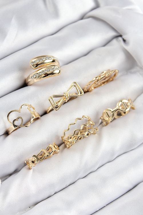 YRTCL Pirinç Zirkon Taşlı Fiyonk Ve Kalp Model Gold Renk Kadın Yüzük Kombin Set