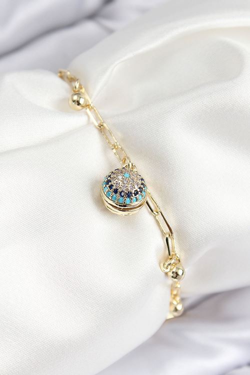 YRTCL Pirinç Zirkon Taşlı Nazar Boncuğu Model Gold Renk Kadın Bileklik