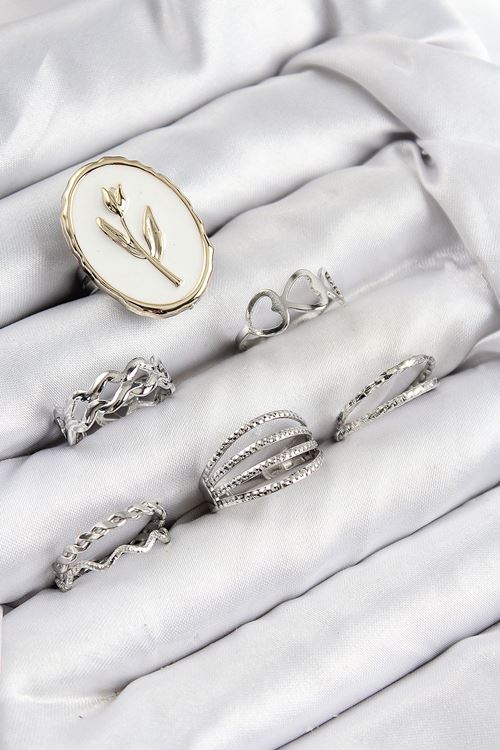 YRTCL Pirinç Zirkon Taşlı Lale Model Gümüş Renk Kadın Yüzük Kombin Set