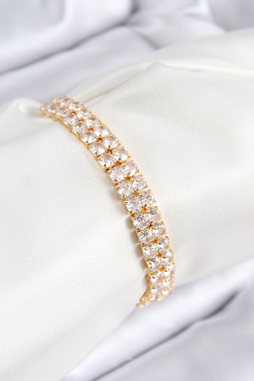 YRTCL Pirinç Zirkon Taşlı Çift Sıra Kare Model Gold Renk Asansörlü Kadın Bileklik