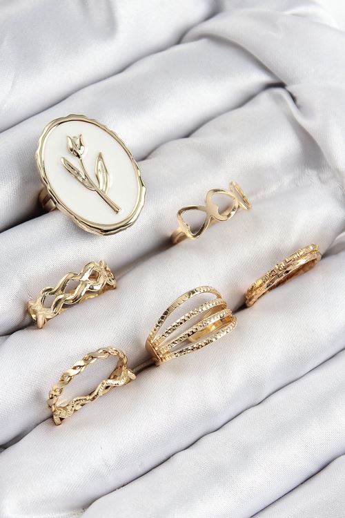 YRTCL Pirinç Zirkon Taşlı Lale Model Gold Renk Kadın Yüzük Kombin Set