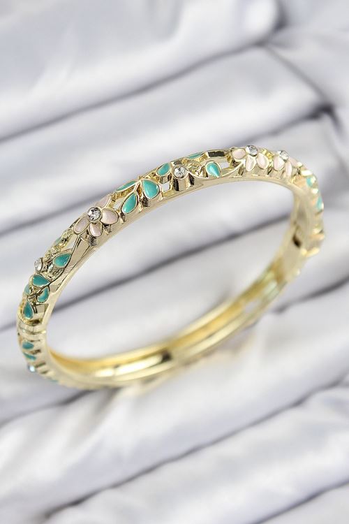 YRTCL Mineli Pirinç Zirkon Taşlı Turkuaz Çiçek Motifli Gold Kadın Kelepçe