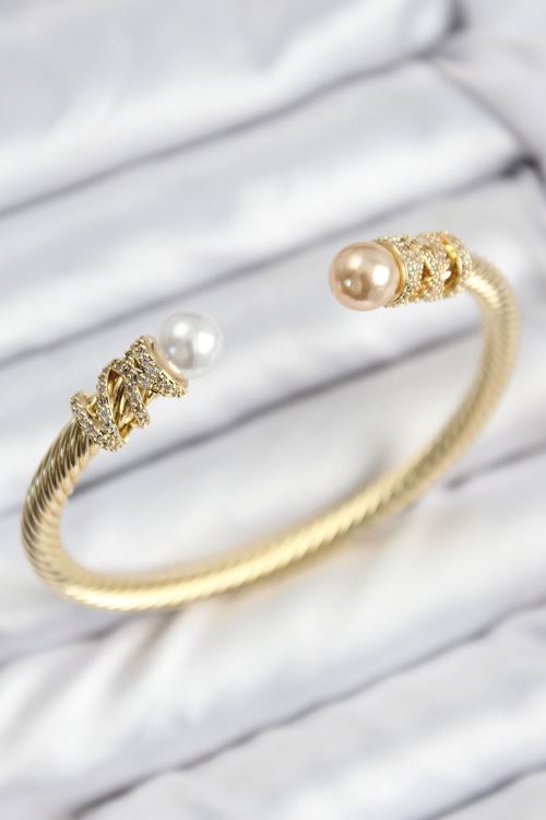 YRTCL 316L Çelik Zirkon Taşlı İnci Model Gold Renk Kadın Bileklik