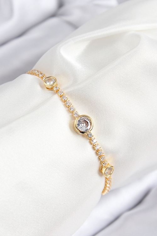YRTCL Pirinç Zirkon Taşlı Daire Model Gold Renk Asansörlü Kadın Bileklik