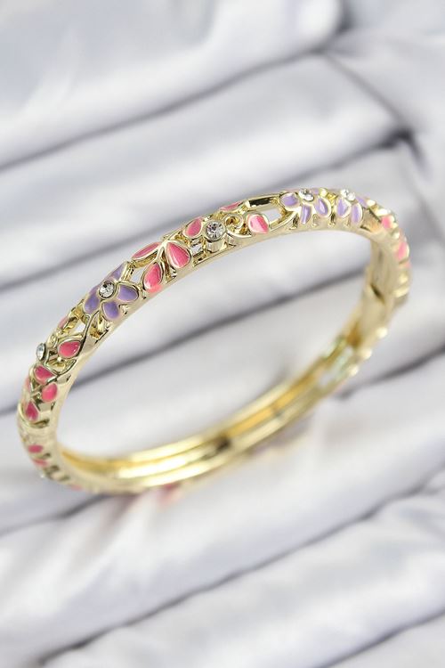 YRTCL Mineli Pirinç Zirkon Taşlı Pembe Mor Çiçek Motifli Gold Kadın Kelepçe