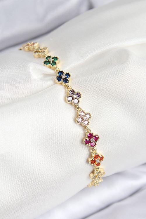 YRTCL VIP Pirinç Renkli Zirkon Taşlı Yonca Model Gold Renk Kadın Bileklik