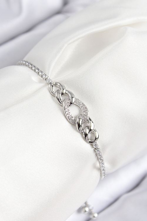 YRTCL Pirinç Zirkon Taşlı Zincir Model Gümüş Renk Asansörlü Kadın Bileklik
