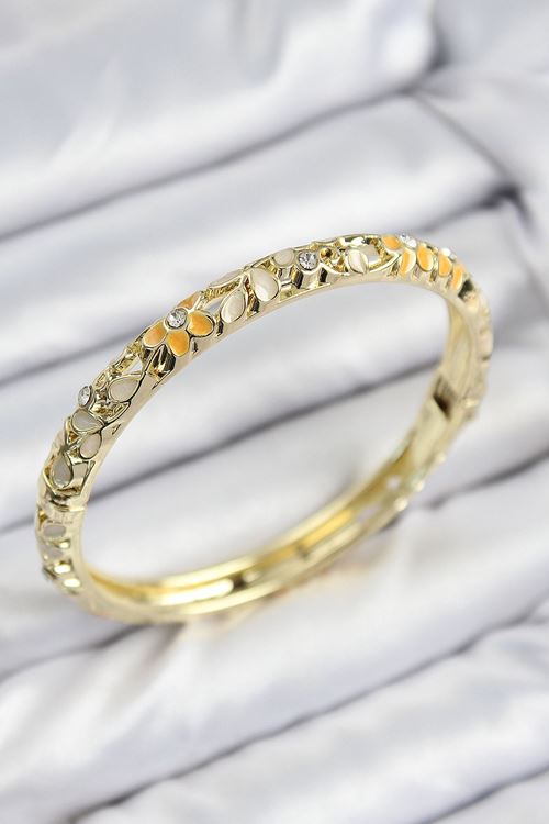 YRTCL Mineli Pirinç Zirkon Taşlı Sarı Krem Çiçek Motifli Gold Kadın Kelepçe