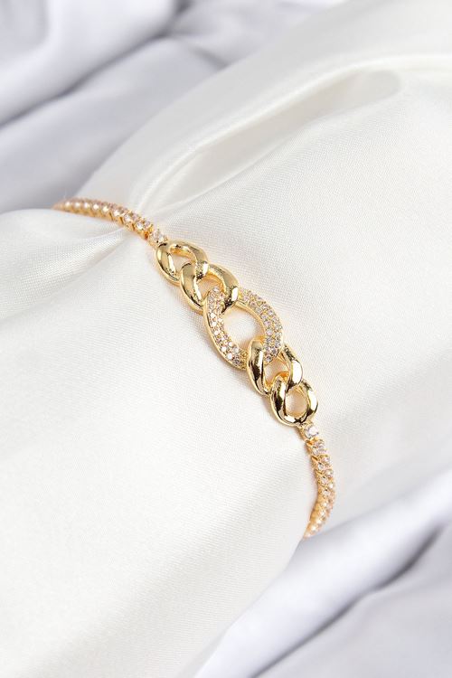 YRTCL Pirinç Zirkon Taşlı Zincir Model Gold Renk Asansörlü Kadın Bileklik