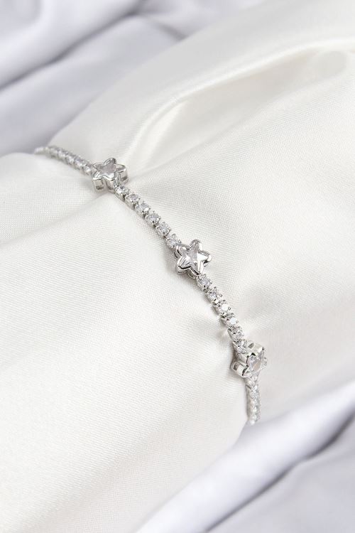 YRTCL Pirinç Zirkon Taşlı Yıldız Model Gümüş Renk Asansörlü Kadın Bileklik