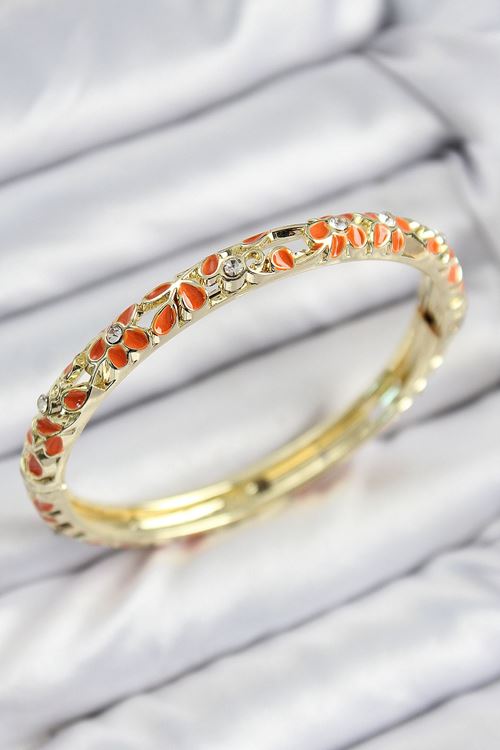 YRTCL Mineli Pirinç Zirkon Taşlı Turuncu Çiçek Motifli Gold Kadın Kelepçe