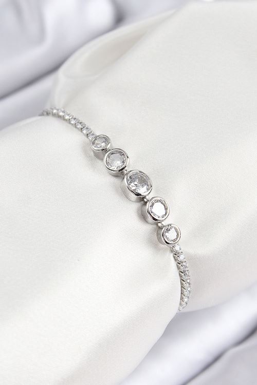 YRTCL Pirinç Zirkon Taşlı Sıralı Daire Model Gümüş Renk Asansörlü Kadın Bileklik