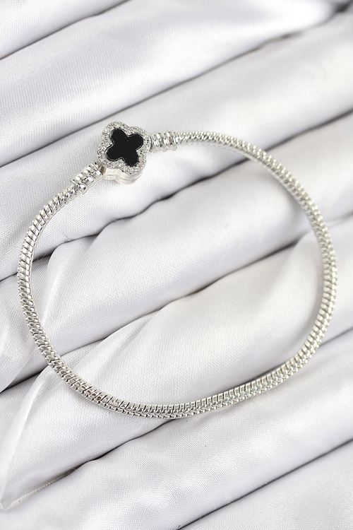 YRTCL Pirinç Charm Zirkon Taşlı Yonca Model Gümüş Renk Kadın Bileklik