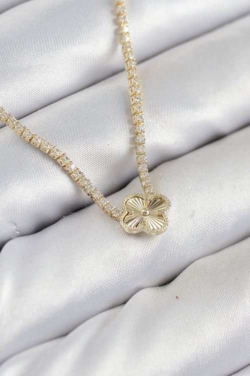 YRTCL Pirinç Zirkon Taşlı Yonca Model Gold Renk Kadın Kolye