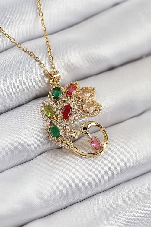 YRTCL 316L Çelik Zirkon Taşlı Tavus Kuşu Model Gold Renk Kadın Kolye