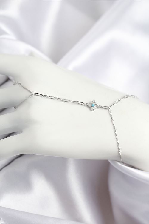 YRTCL Pirinç Zirkon Taşlı Mavi Boncuklu Yonca Model Gümüş Renk Şahmeran