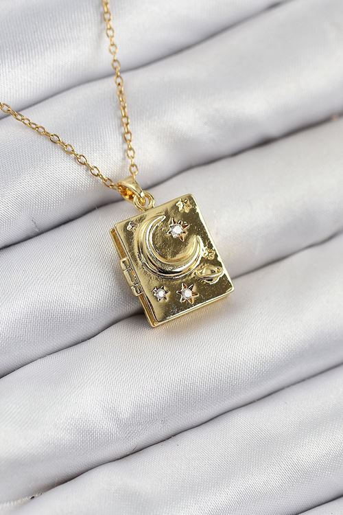 YRTCL 316L Çelik Zirkon Taşlı Açılabilr Kapaklı Kitap Model Gold Renk Kadın Kolye