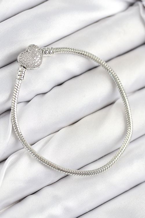 YRTCL Pirinç Charm Zirkon Taşlı Kalp Model Gümüş Renk Kadın Bileklik