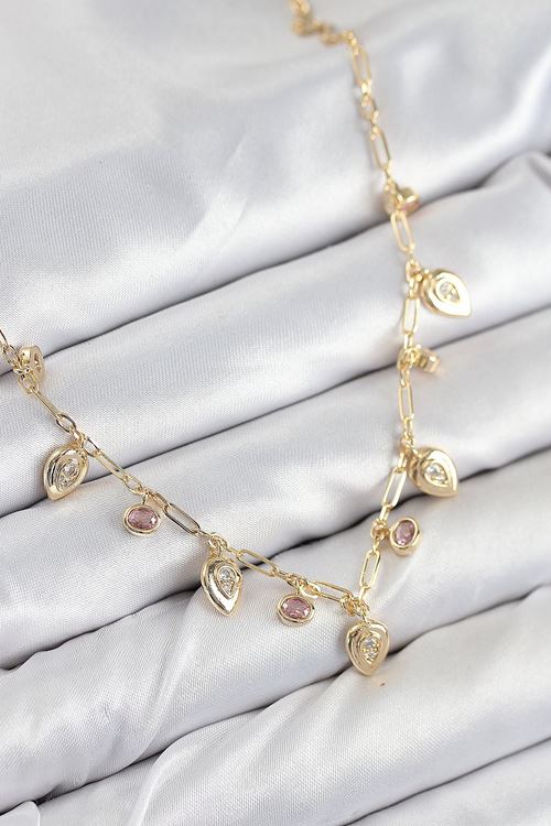 YRTCL Pirinç Zirkon Taşlı Sallantılı Damla Model Gold Renk Kadın Kolye